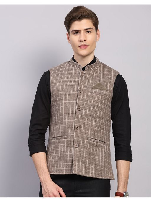 Monte Carlo Men Regular Fit Checked Tan Reversible Nehru Jacket
