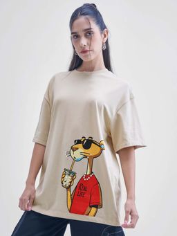 TOKYO TALKIES - Women Beige Solid Oversized T-Shirt