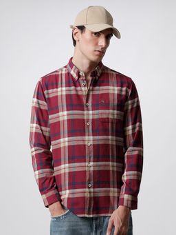 The Bear House - Men Maroon & Blue Checked Slim Fit Flannel Cotton Casual Shirt
