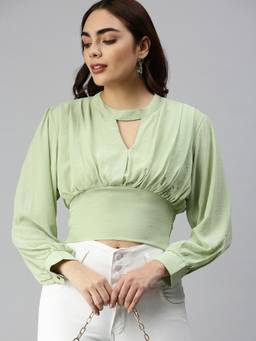 SHOWOFFFF - Women Keyhole Neck Balloon Sleeve Solid Green Crop Top