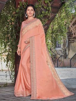 Odette - Peach Colour Satin Silk Embroidered Saree with Unstitched Blouse