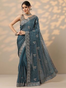 Libas - Blue Floral Zari Embellished Saree with Unstitched Blouse