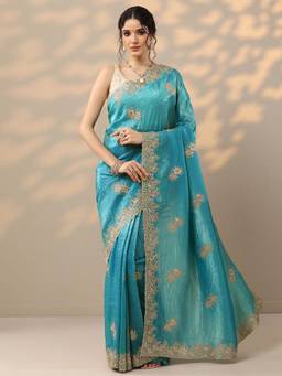 Libas - Blue Floral Zari Embroidered Saree with Unstitched Blouse