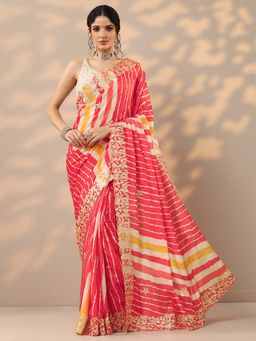 Libas - Red Leheriya Gota Work Saree with Unstitched Blouse