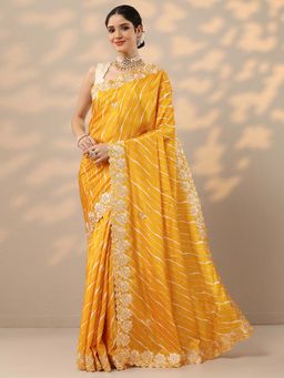 Libas - Mustard Leheriya Gota Work Saree with Unstitched Blouse