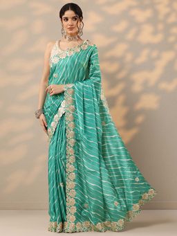 Libas - Green Leheriya Gota Work Saree with Unstitched Blouse