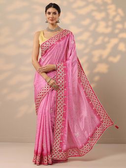 Libas - Pink Bandhani Printed Gota Work Saree with Unstitched Blouse