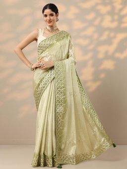 Libas - Green Bandhani Printed Gota Work Saree with Unstitched Blouse