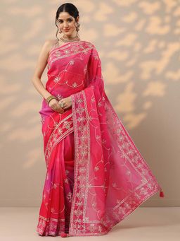 Libas - Pink Gota Work Saree with Unstitched Blouse