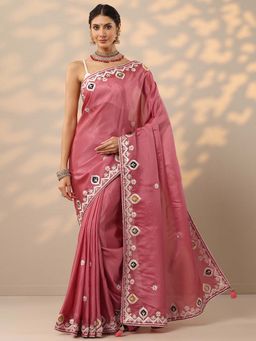 Libas - Pink Zari Embroidered Saree with Unstitched Blouse