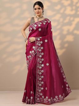 Libas - Pink Thread Embroidered Saree with Unstitched Blouse