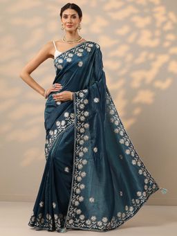 Libas - Blue Thread Embroidered Saree with Unstitched Blouse