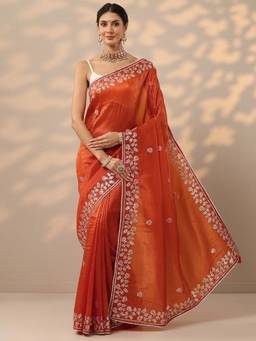 Libas - Orange Embroidered Saree with Unstitched Blouse