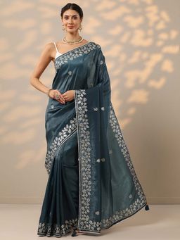 Libas - Teal Embroidered Saree with Unstitched Blouse