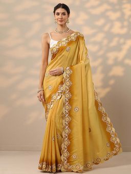 Libas - Yellow Thread Embroidery with Gota Work Saree with Unstitched Blouse