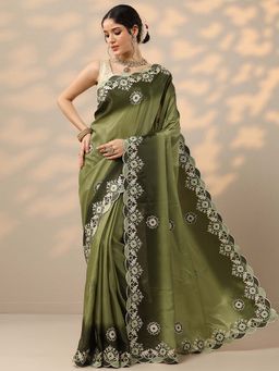 Libas - Green Thread Embroidery with Gota Work Saree with Unstitched Blouse