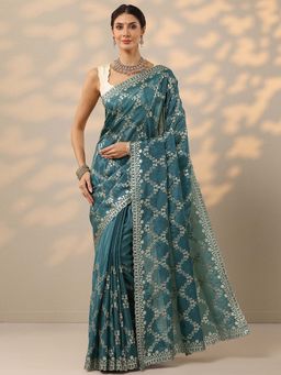 Libas - Blue Zari Embroidered Saree with Unstitched Blouse