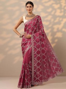Libas - Pink Zari Embroidered Saree with Unstitched Blouse