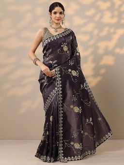 Libas - Purple Embroidered Saree with Unstitched Blouse