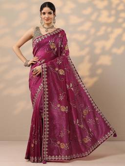 Libas - Pink Embroidered Saree with Unstitched Blouse