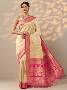 Libas - Beige Ethnic Motifs Woven Design Saree with Unstitched Blouse