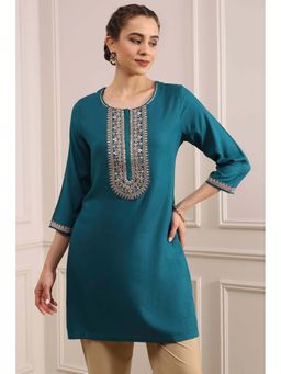 Biba - Blue Rayon Straight Dyed Kurti