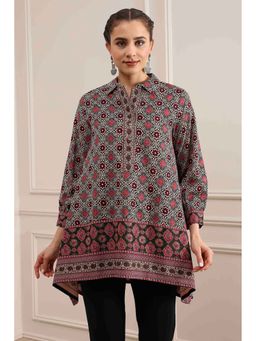Biba - Beige Red Rayon Relaxed Printed Kurti