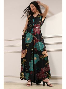 Biba - Black Floral Printed Straight Jumpsuit with Belt