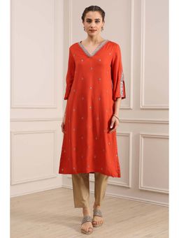 Biba - Orange Rayon Straight Solid Kurta