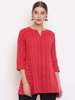 Janasya - Women'S Red Woven Design A-Line Top