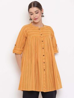 Janasya - Women'S Mustard Woven Design Gathered Tunic