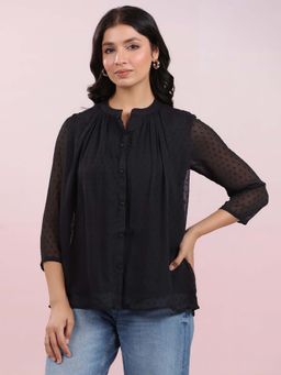 Janasya - Women'S Black Dobby Chiffon Self Design Top