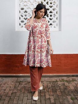 Janasya - Women'S Red Pure Floral Printed A-Line Kurta