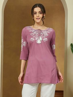 Janasya - Women'S Purple Pure Embroidered Straight Kurti