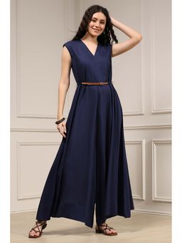 Biba - Navy Blue Rayon Jumpsuit with Belt