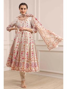 Biba - Off White Anarkali Kurta with Churidar and Dupatta