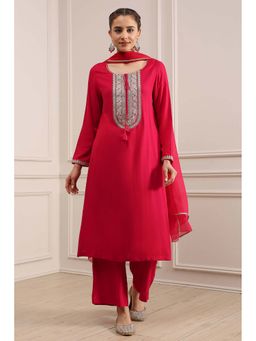 Biba - Fuchsia Solid Straight Kurta with Pant and Dupatta