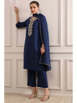 Biba - Navy Blue Straight Dyed Kurta with Pant and Dupatta