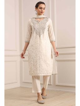 Biba - Off-White Printed Straight Kurta with Pant and Dupatta