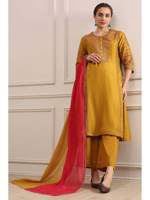Biba Mustard Kalidar Dyed Kurta with Pant and Dupatta