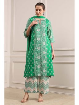 Biba - Green A-Line Printed Kurta with Pant and Dupatta
