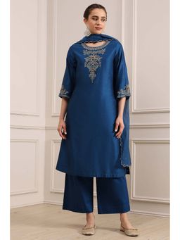 Biba - Blue Straight Dyed Kurta with Pant and Dupatta