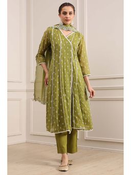 Biba - Mehandi Green Kalidar Dyed Kurta with Pant and Dupatta with Inner