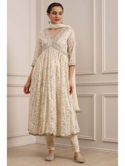 Biba - Off-White Foil Printed Anarkali Kurta with Churidar and Dupatta