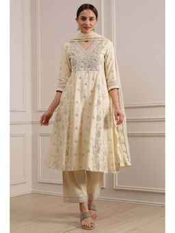 Biba - Cream Straight Yarn Dyed Kurta with Pant and Dupatta