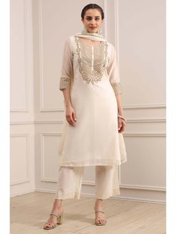 Biba - Off White Polyester Straight Dyed Kurta with Pant and Dupatta
