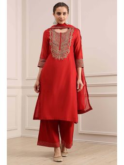Biba - Red Polyester Straight Dyed Kurta with Pant and Dupatta