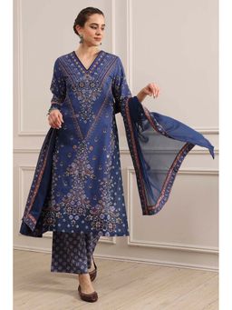 Biba - Blue Straight Printed Kurta with Pant and Dupatta