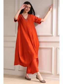Biba - Burnt Orange Dyed Asymmetric Kurta with Pant