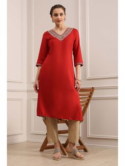 Biba - Red Rayon Straight Solid Kurta